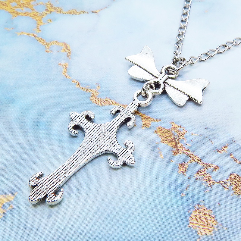 アンティークシルバー ゴシック調デザインロザリオ(十字架)とリボンを組合せたネックレス 長さ調整可 ステンレス可