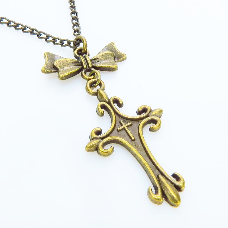 アンティークゴールド ゴシック調デザインロザリオ(十字架)とリボンを組合せたネックレス 長さ調整可