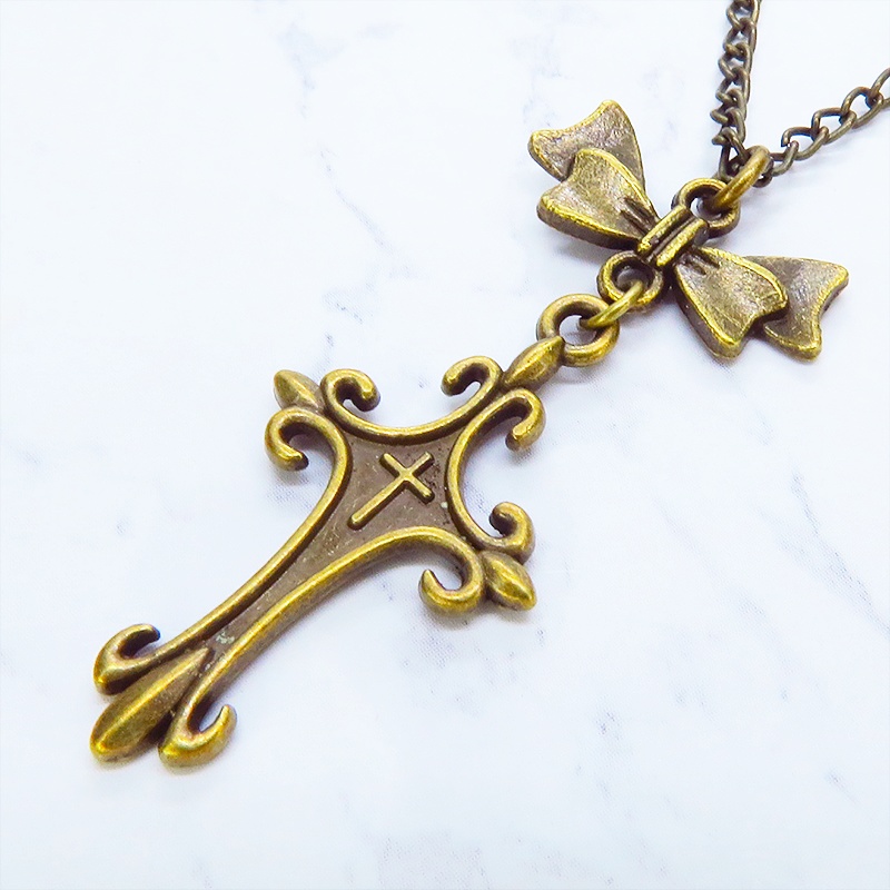 アンティークゴールド ゴシック調デザインロザリオ(十字架)とリボンを組合せたネックレス 長さ調整可