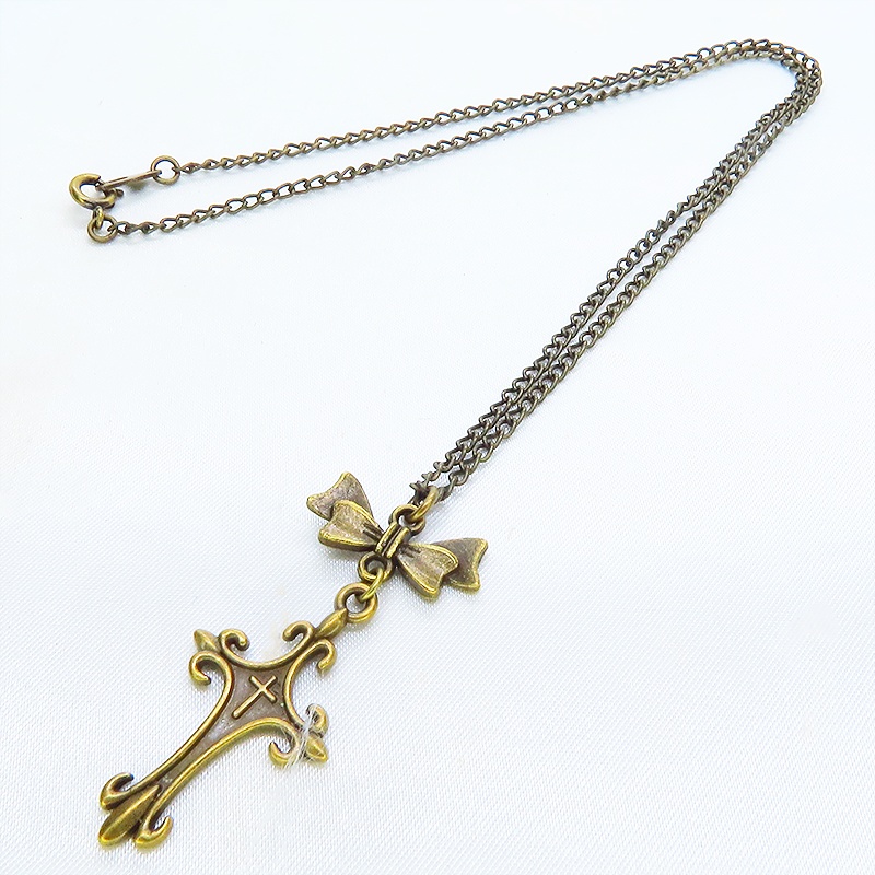 アンティークゴールド ゴシック調デザインロザリオ(十字架)とリボンを組合せたネックレス 長さ調整可