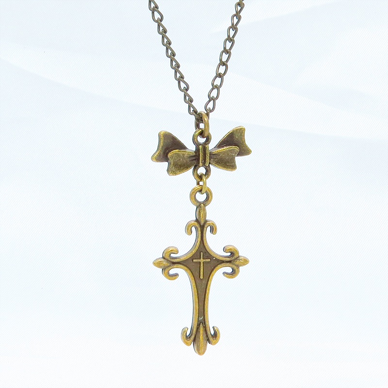 アンティークゴールド ゴシック調デザインロザリオ(十字架)とリボンを組合せたネックレス 長さ調整可