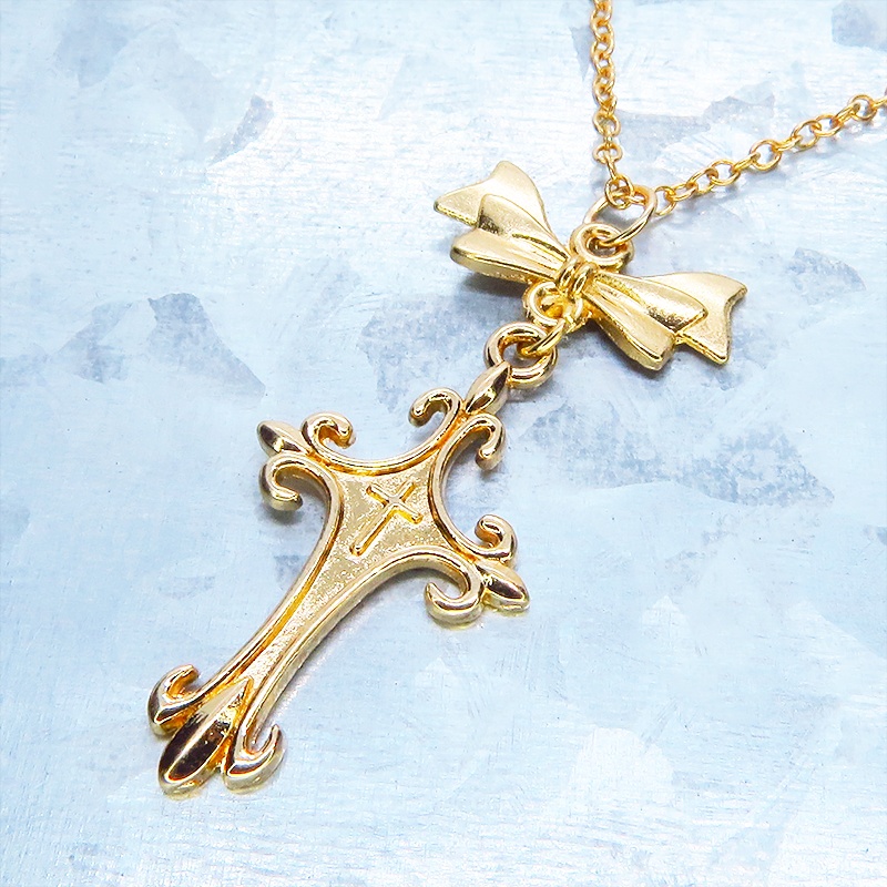 マットゴールド ゴシック調デザインロザリオ(十字架)とリボンを組合せたネックレス 長さ調整可