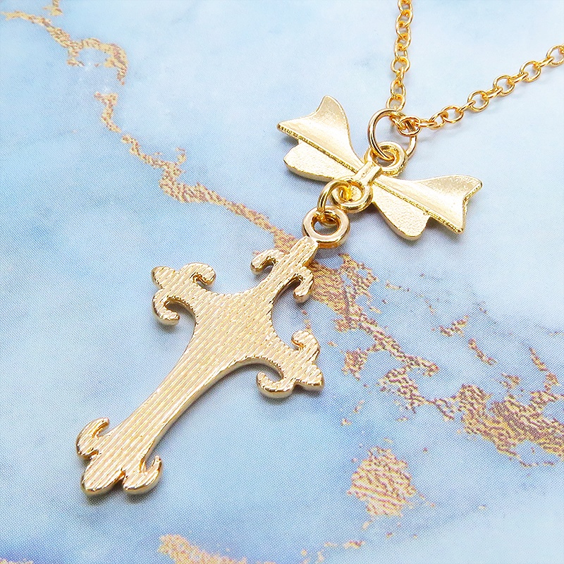 マットゴールド ゴシック調デザインロザリオ(十字架)とリボンを組合せたネックレス 長さ調整可