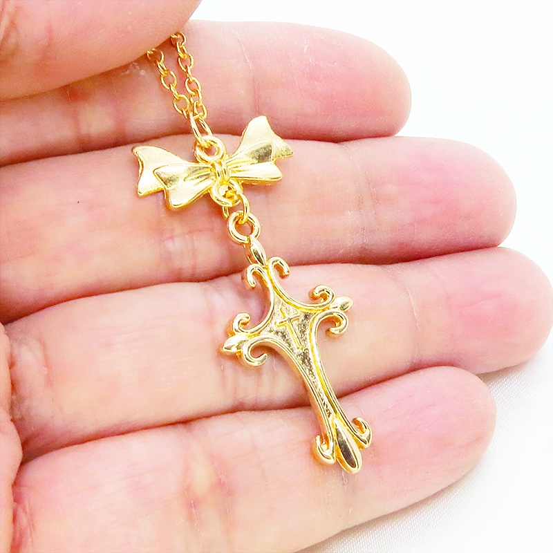 マットゴールド ゴシック調デザインロザリオ(十字架)とリボンを組合せたネックレス 長さ調整可