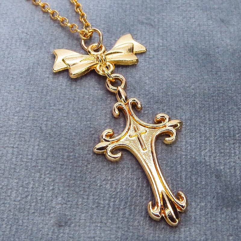 マットゴールド ゴシック調デザインロザリオ(十字架)とリボンを組合せたネックレス 長さ調整可