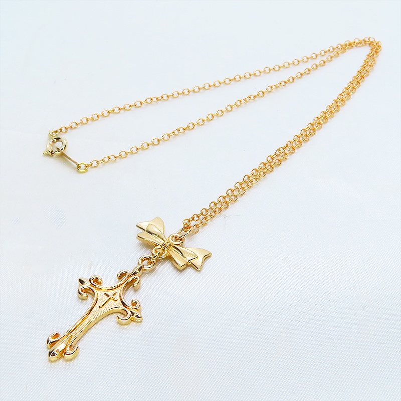 マットゴールド ゴシック調デザインロザリオ(十字架)とリボンを組合せたネックレス 長さ調整可