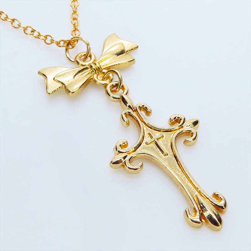 マットゴールド ゴシック調デザインロザリオ(十字架)とリボンを組合せたネックレス 長さ調整可