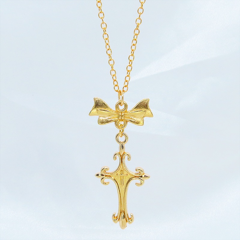 マットゴールド ゴシック調デザインロザリオ(十字架)とリボンを組合せたネックレス 長さ調整可