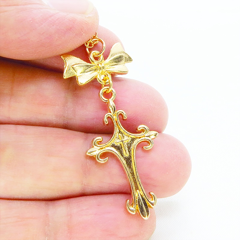 マットゴールド ゴシック調デザインロザリオ(十字架)とリボンを組合せたネックレス 長さ調整可