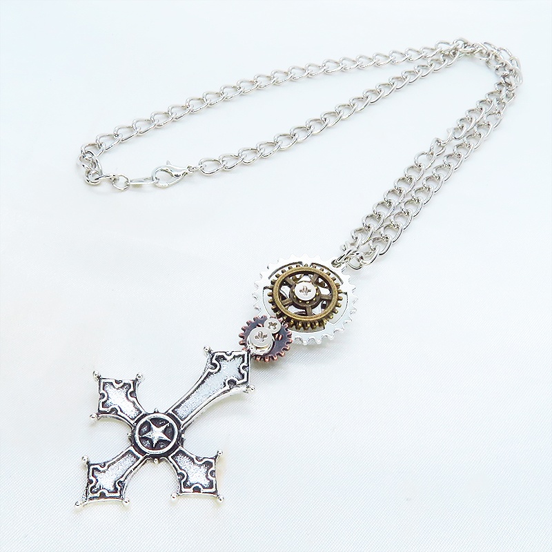 アンティークシルバー グリグリ動くリバースクロス(逆さ十字架)と歯車のスチームパンク風ネックレス 長さ調整可