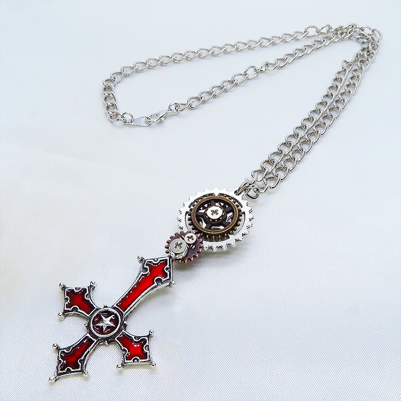 シルバー&レッド グリグリ動くリバースクロス(逆さ十字架)と歯車のスチームパンク風ネックレス 長さ調整可