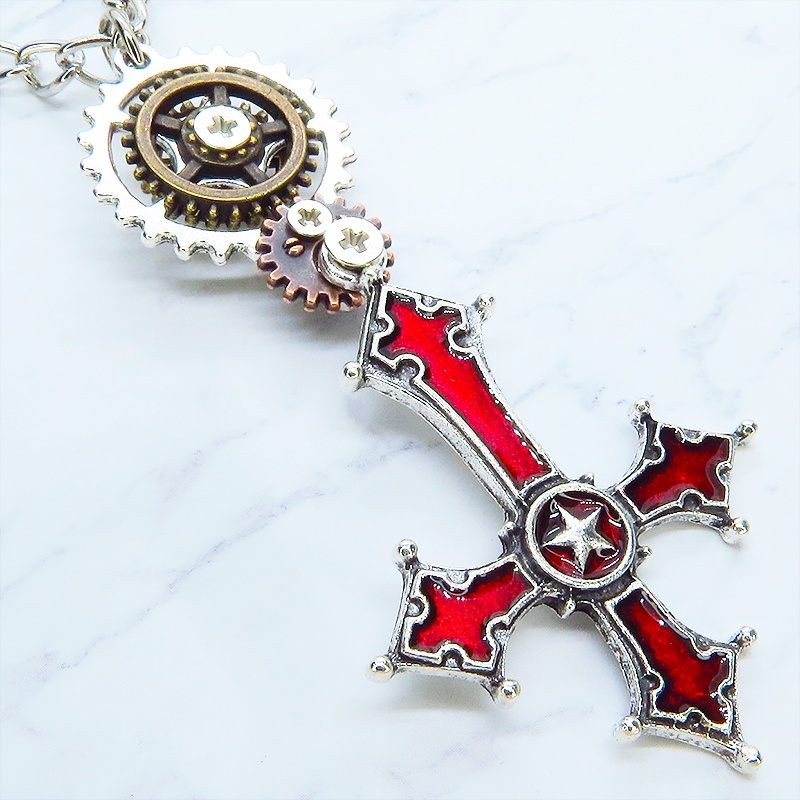 シルバー&レッド グリグリ動くリバースクロス(逆さ十字架)と歯車のスチームパンク風ネックレス 長さ調整可