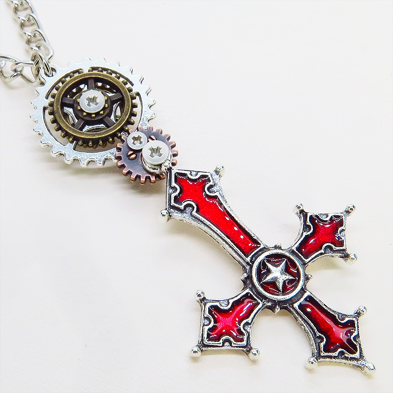 シルバー&レッド グリグリ動くリバースクロス(逆さ十字架)と歯車のスチームパンク風ネックレス 長さ調整可