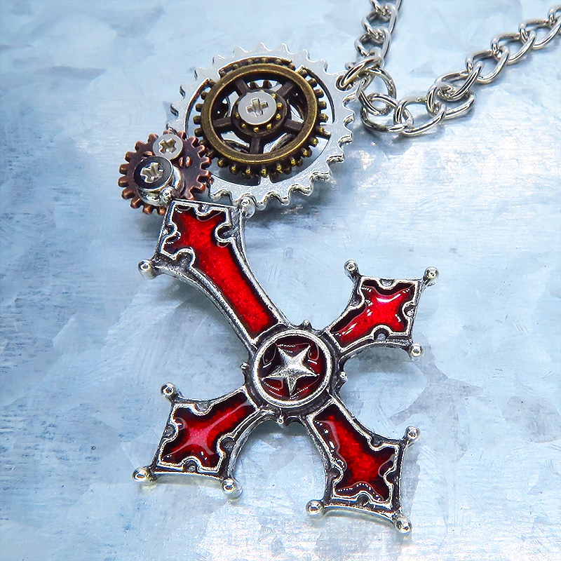 シルバー&レッド グリグリ動くリバースクロス(逆さ十字架)と歯車のスチームパンク風ネックレス 長さ調整可