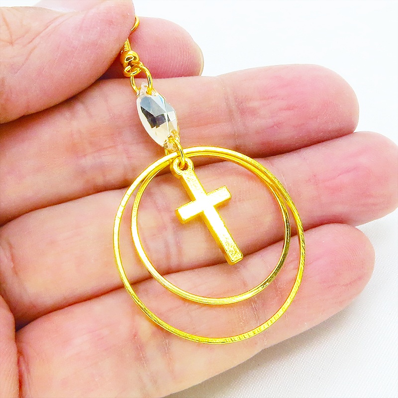 ゴールドカラー ダブルフープリングとロザリオのピアス スワロフスキー(ゴールドシャドー) サージカル可