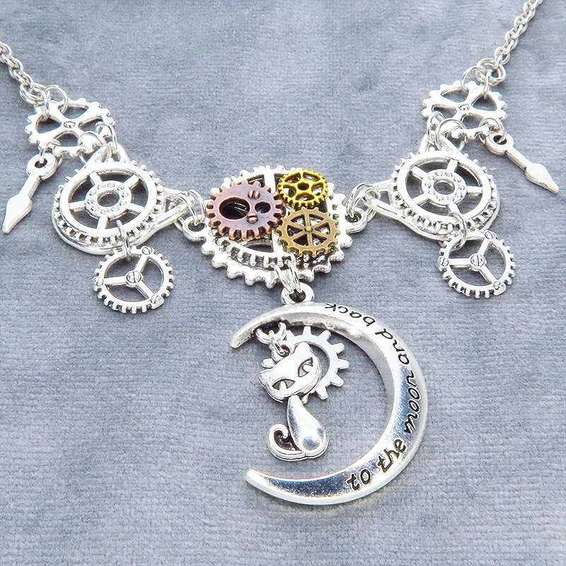 アンティークシルバー 猫と三日月と歯車を組合せた本格的スチームパンクネックレス 長さ調整可