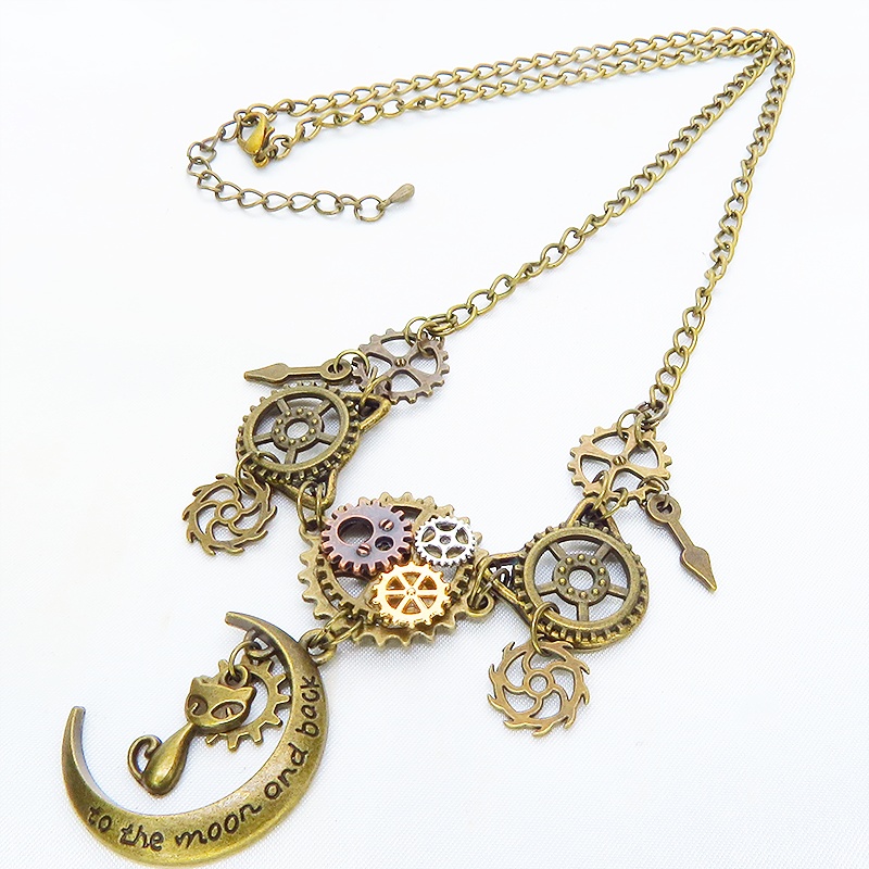 アンティークゴールド 猫と三日月と歯車を組合せた本格的スチームパンクネックレス 長さ調整可