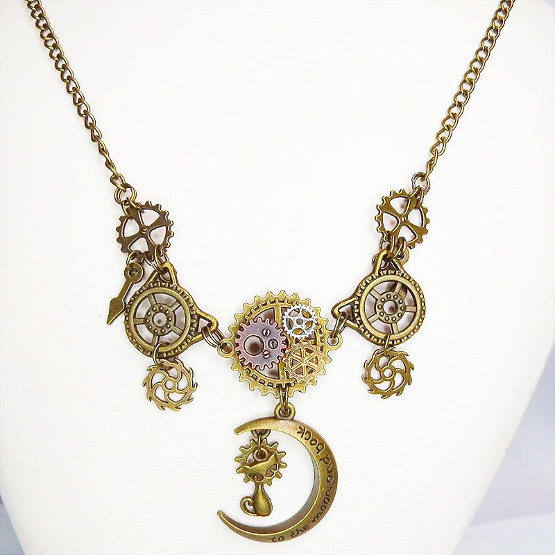 アンティークゴールド 猫と三日月と歯車を組合せた本格的スチームパンクネックレス 長さ調整可