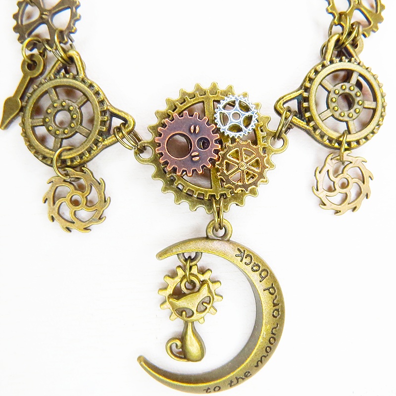 アンティークゴールド 猫と三日月と歯車を組合せた本格的スチームパンクネックレス 長さ調整可