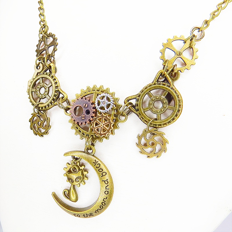 アンティークゴールド 猫と三日月と歯車を組合せた本格的スチームパンクネックレス 長さ調整可
