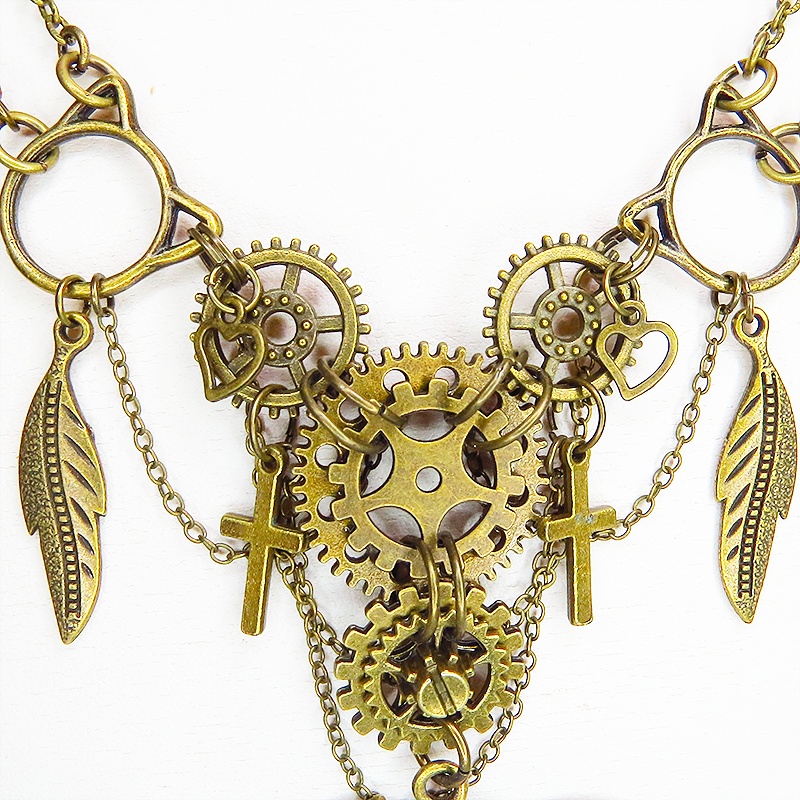 スチームパンク風 ドラゴン(龍)と歯車を組合せた多層多重ダブルチェーンネックレス アジャスター付