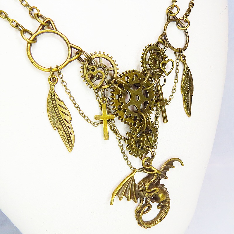 スチームパンク風 ドラゴン(龍)と歯車を組合せた多層多重ダブルチェーンネックレス アジャスター付