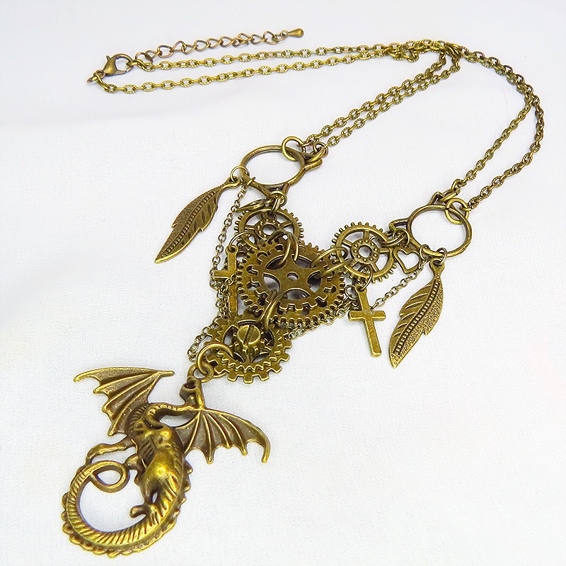 スチームパンク風 ドラゴン(龍)と歯車を組合せた多層多重ダブルチェーンネックレス アジャスター付
