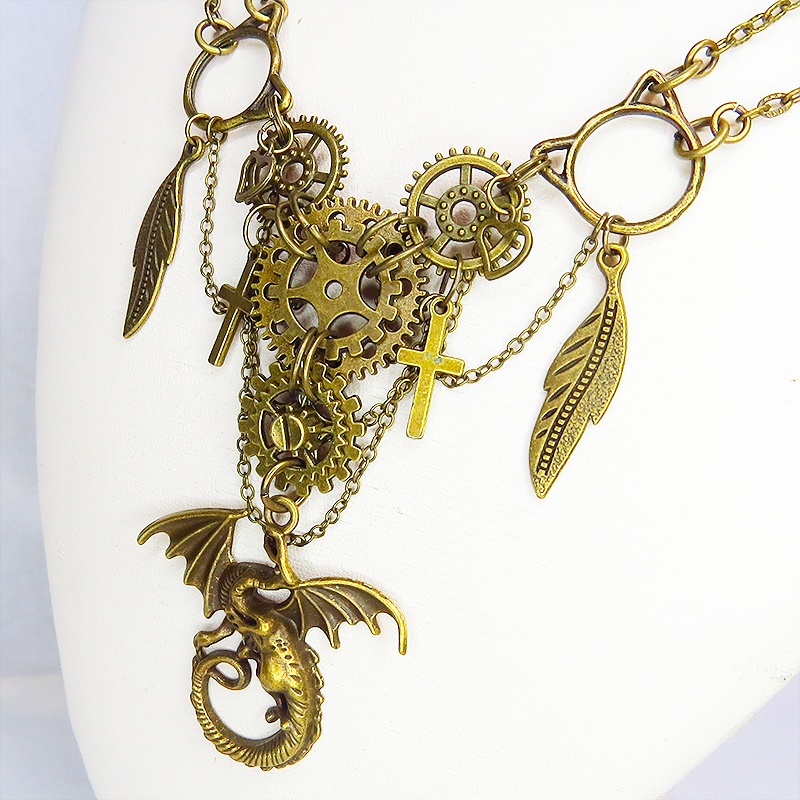 スチームパンク風 ドラゴン(龍)と歯車を組合せた多層多重ダブルチェーンネックレス アジャスター付