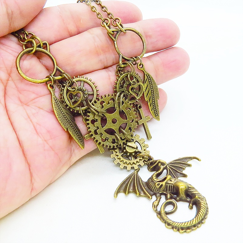 スチームパンク風 ドラゴン(龍)と歯車を組合せた多層多重ダブルチェーンネックレス アジャスター付