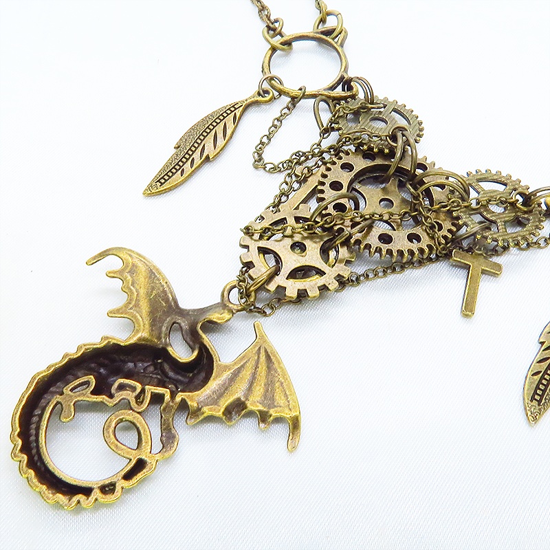 スチームパンク風 ドラゴン(龍)と歯車を組合せた多層多重ダブルチェーンネックレス アジャスター付
