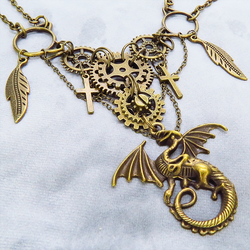 スチームパンク風 ドラゴン(龍)と歯車を組合せた多層多重ダブルチェーンネックレス アジャスター付