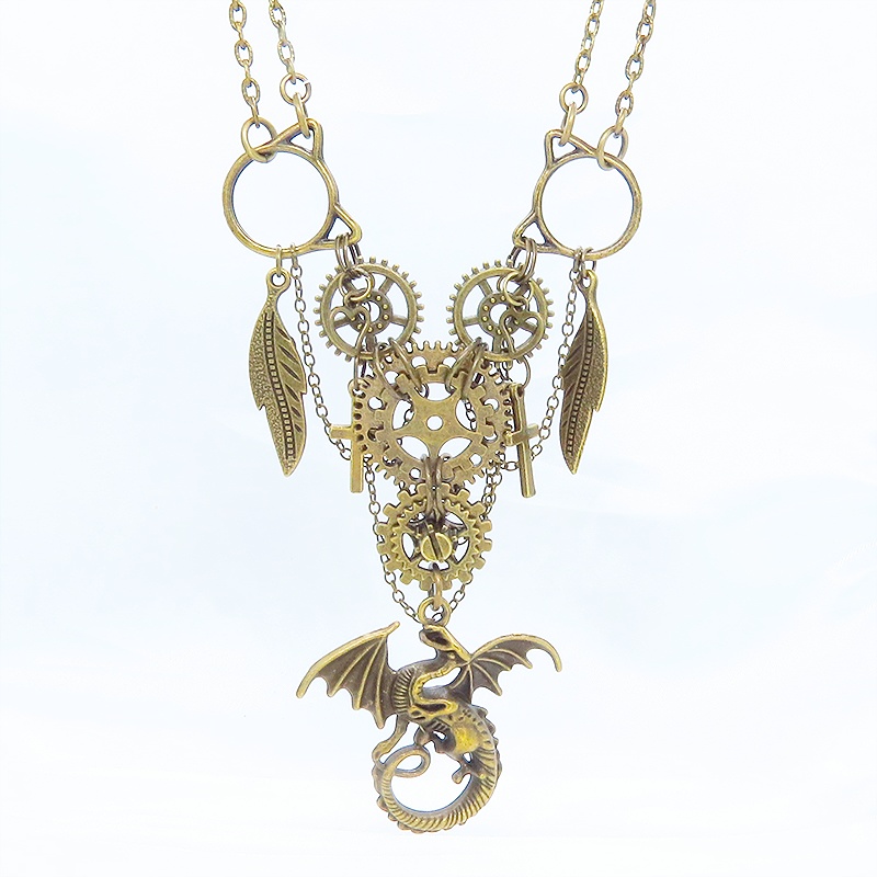 スチームパンク風 ドラゴン(龍)と歯車を組合せた多層多重ダブルチェーンネックレス アジャスター付