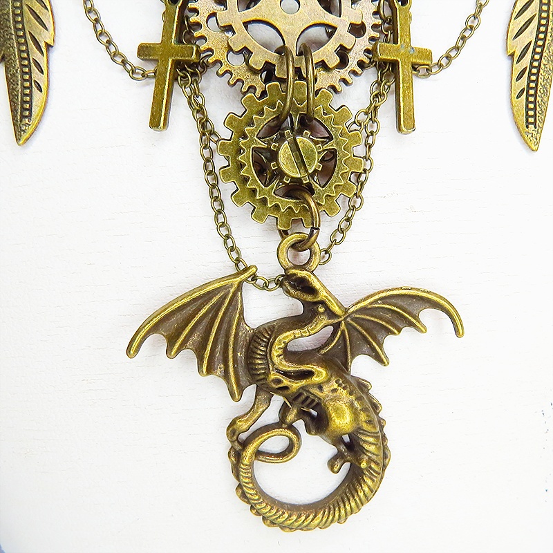 スチームパンク風 ドラゴン(龍)と歯車を組合せた多層多重ダブルチェーンネックレス アジャスター付