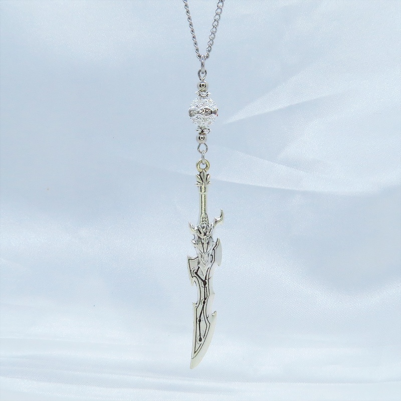 アンティークシルバー 剣(ソード)モチーフとシルバーカラーメタルビーズを組合せたネックレス ラインストーン 長さ調整可 アジャスター可
