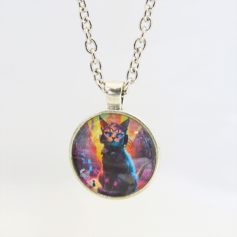 猫とサイバーパンクなカボションガラスネックレス 壱型アンティークシルバー仕様 長さ調整可 アジャスター付