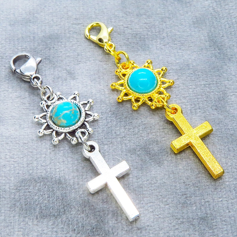 マスク・スマホチャーム ゴールドカラー ロザリオとひまわり(ターコイズ)を組合せたコンパクトなチャーム 金具変更可