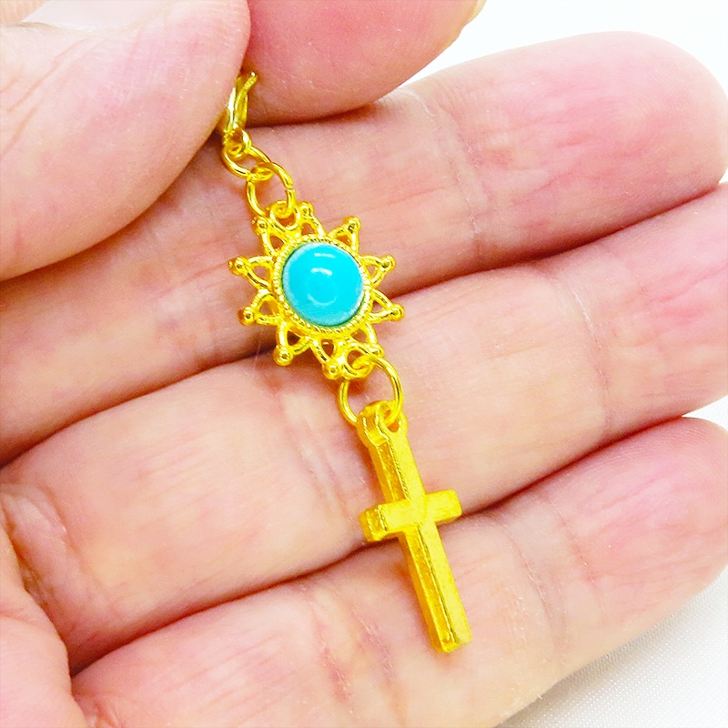 マスク・スマホチャーム ゴールドカラー ロザリオとひまわり(ターコイズ)を組合せたコンパクトなチャーム 金具変更可