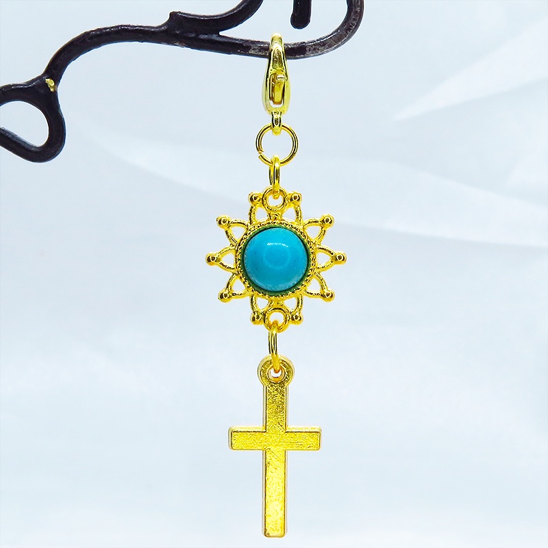 マスク・スマホチャーム ゴールドカラー ロザリオとひまわり(ターコイズ)を組合せたコンパクトなチャーム 金具変更可