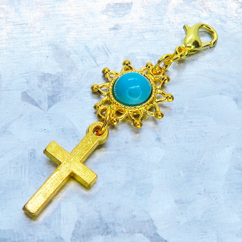 マスク・スマホチャーム ゴールドカラー ロザリオとひまわり(ターコイズ)を組合せたコンパクトなチャーム 金具変更可