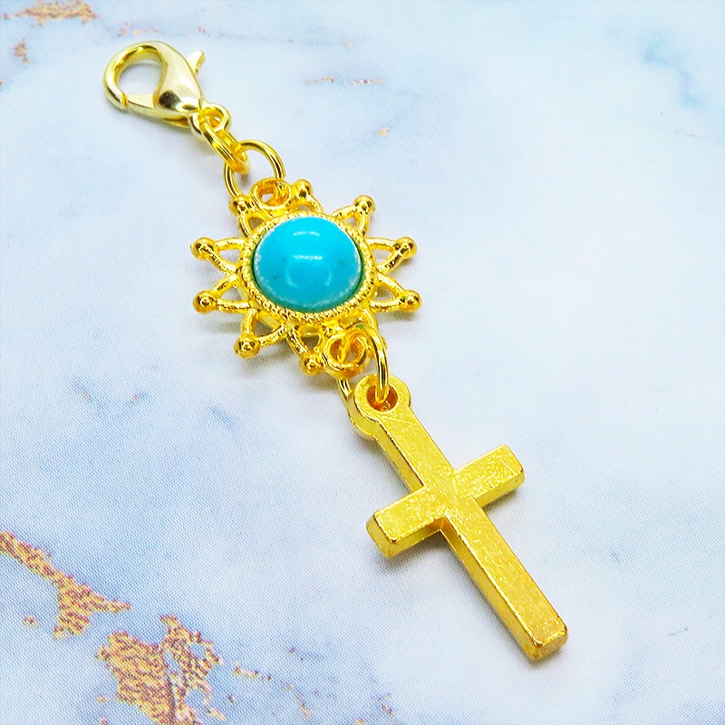 マスク・スマホチャーム ゴールドカラー ロザリオとひまわり(ターコイズ)を組合せたコンパクトなチャーム 金具変更可