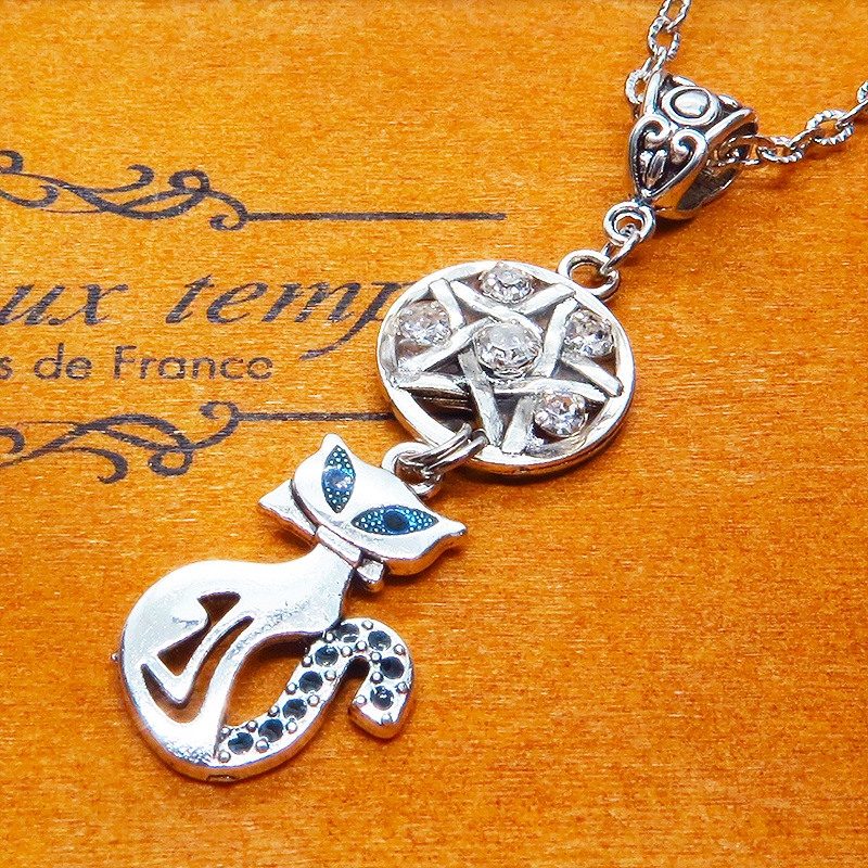 アンティークシルバー 猫とペンダグラムのオリエンタル風ネックレス ラインストーン レジン 長さ調整可