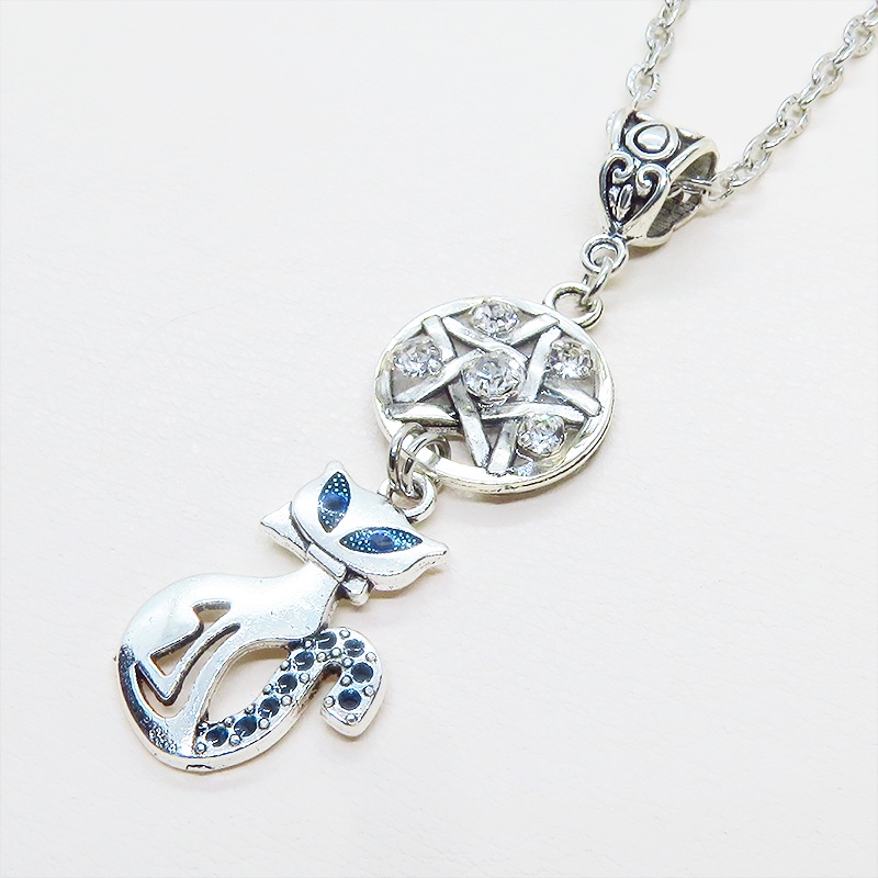 アンティークシルバー 猫とペンダグラムのオリエンタル風ネックレス ラインストーン レジン 長さ調整可