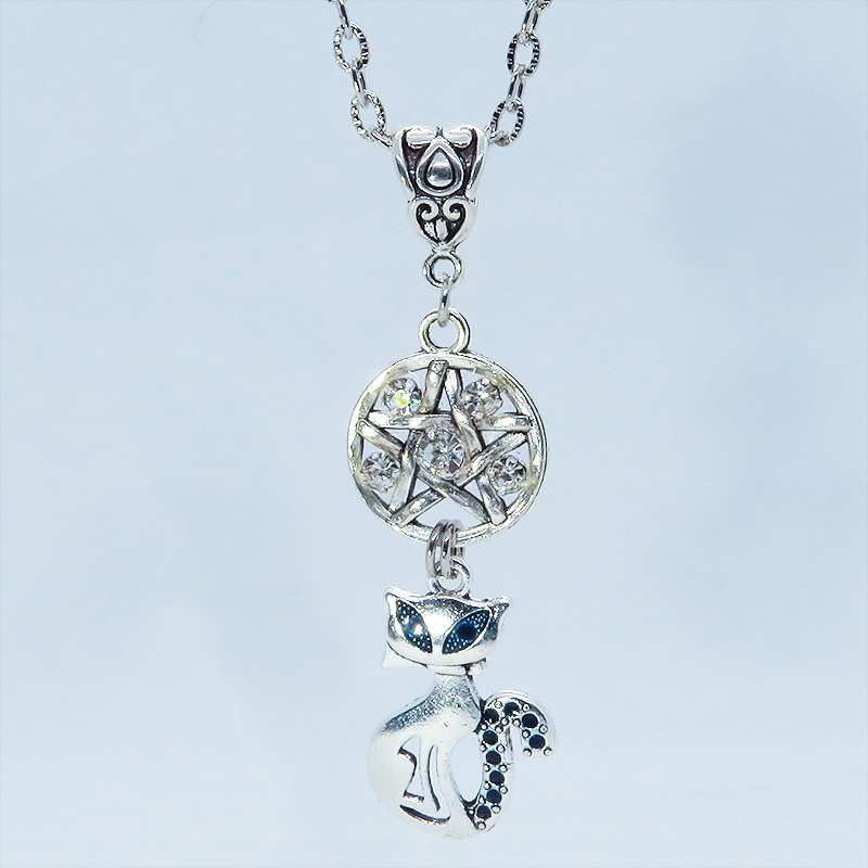 アンティークシルバー 猫とペンダグラムのオリエンタル風ネックレス ラインストーン レジン 長さ調整可