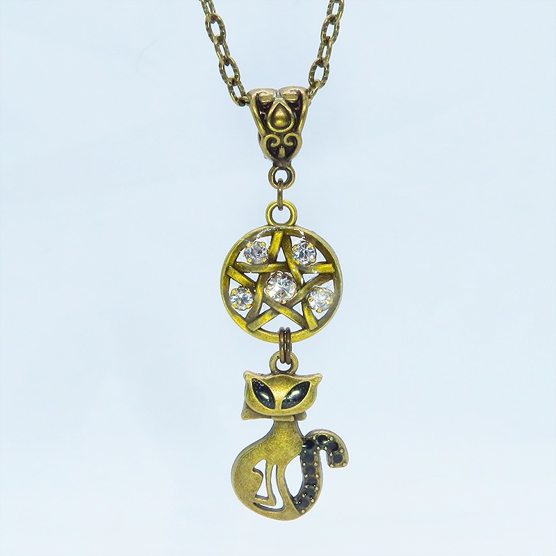 アンティークゴールド 猫とペンダグラムのオリエンタル風ネックレス ラインストーン レジン 長さ調整可