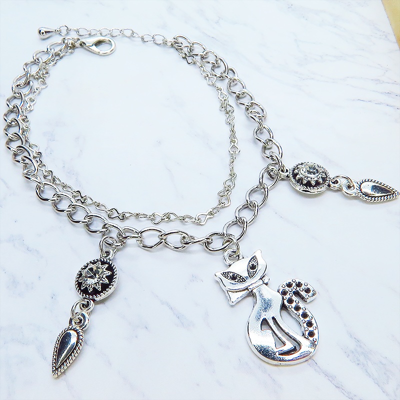 アンティークシルバー オリエンタルな猫モチーフのダブルチェーンブレスレット ラインストーン アジャスター付