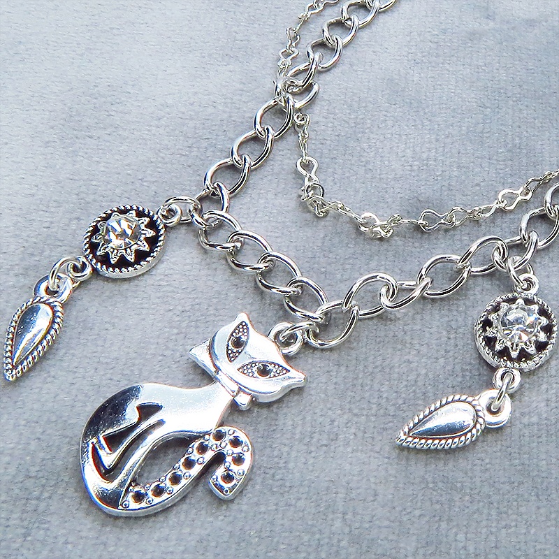 アンティークシルバー オリエンタルな猫モチーフのダブルチェーンブレスレット ラインストーン アジャスター付