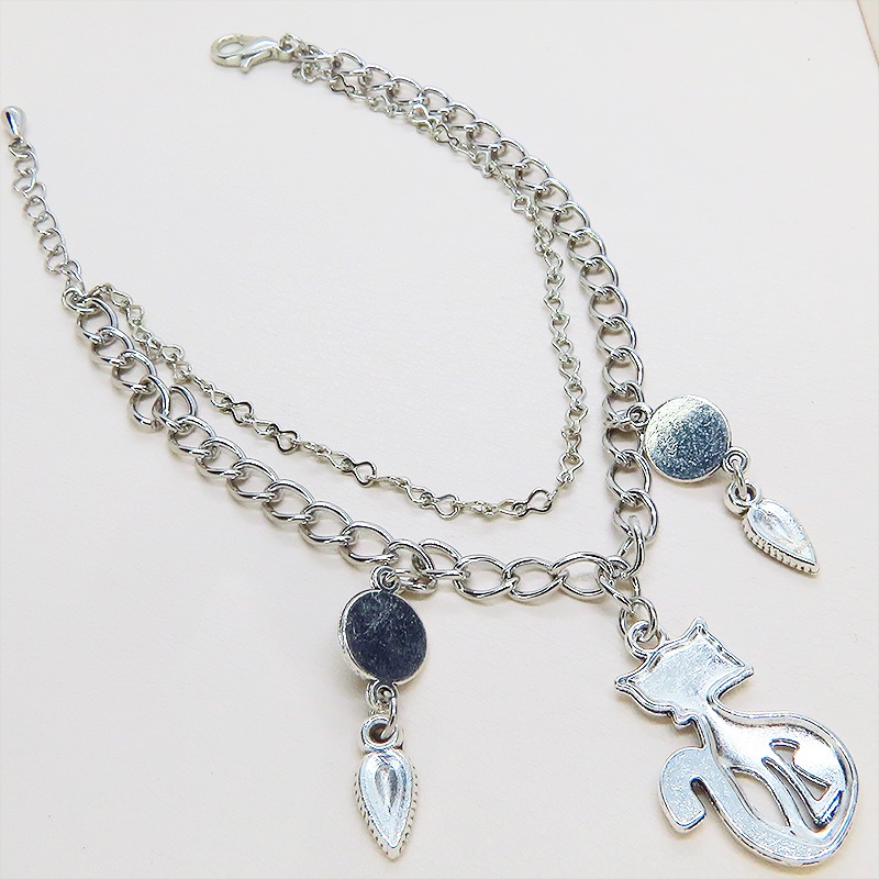 アンティークシルバー オリエンタルな猫モチーフのダブルチェーンブレスレット ラインストーン アジャスター付