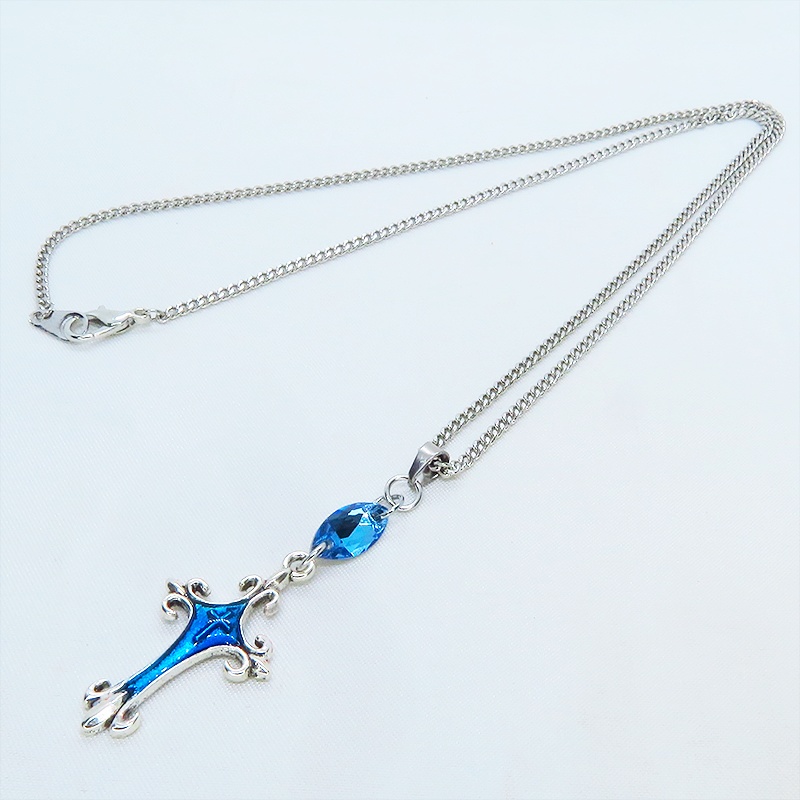 アンティークシルバー ゴシック調ロザリオをマリンブルーレジンで彩色したネックレス スワロフスキーアクアマリン 長さ調整可