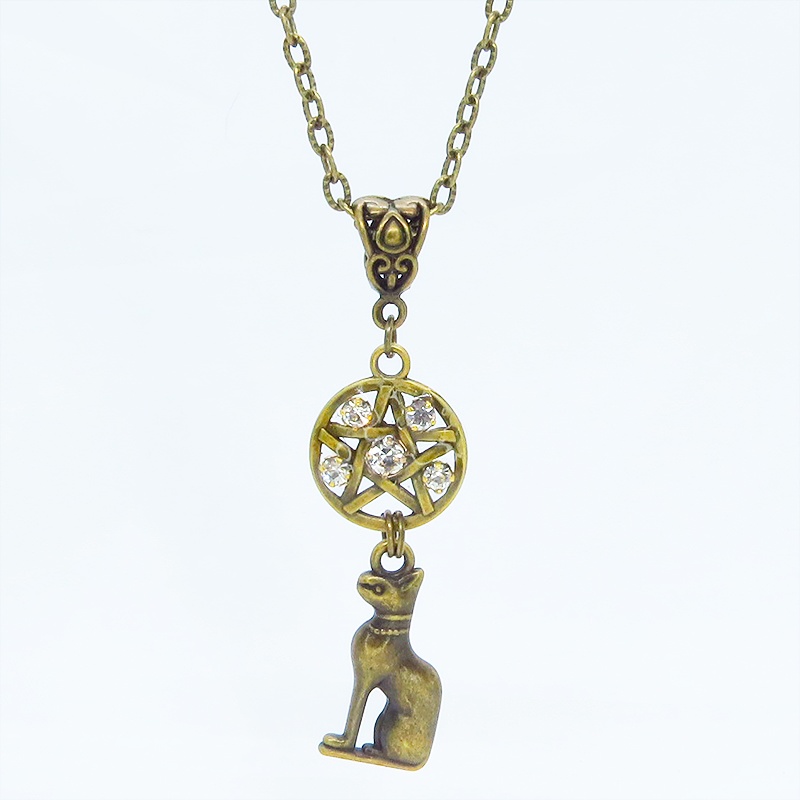 アンティークゴールド 猫の神様バステトとペンダグラムのオリエンタル風ネックレス ラインストーン レジン 長さ調整可