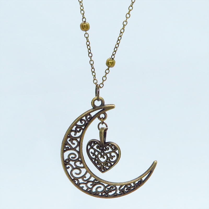 アンティークゴールド 透かし三日月とハートの大人可愛いネックレス ムーン ロングチェーンネックレス